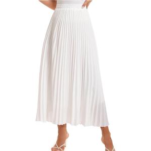 TEERFU Womens Elastic High Waist Long Pleated Skirt Tiered Boho Swing A line Beach Maxi Skirt (Medium, White)