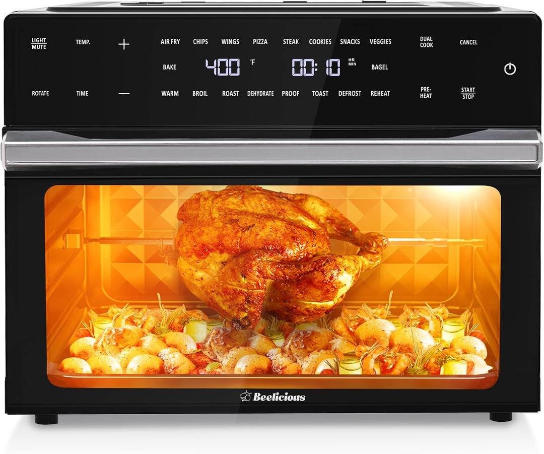 Beelicious 32QT Extra Large Air Fryer, 19-In-1 Air Fryer Toaster Oven Combo with Rotisserie and Dehydrator, Digital Convection Oven Countertop Airfryer Fit 13" Pizza, 6 Accessories, 1800w, Black, 16.9"D x 18"W x 14.4"H