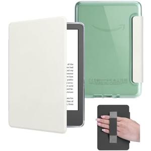 HOICHOE Case with Hand Strap for 6.8" Kindle Paperwhite 11th Generation 2021 and Kindle Paperwhite Signature Edition, PU Leather Cover, Transparent Hard Back Shell with Auto Sleep/Wake, Creamy White