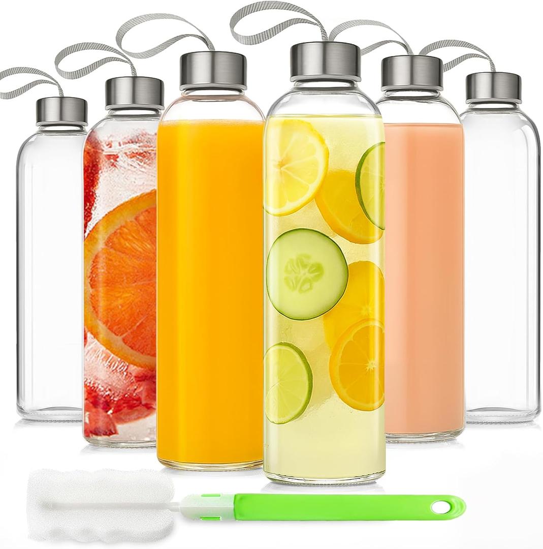 18oz Glass Juice Bottles with Lids Carry Strap, Reusable Glass Water Bottle BPA Free Leakproof Wide Mouth Smoothie Tea Coffee Cold Brew Storage Refrigerator Safe, 6 Pack