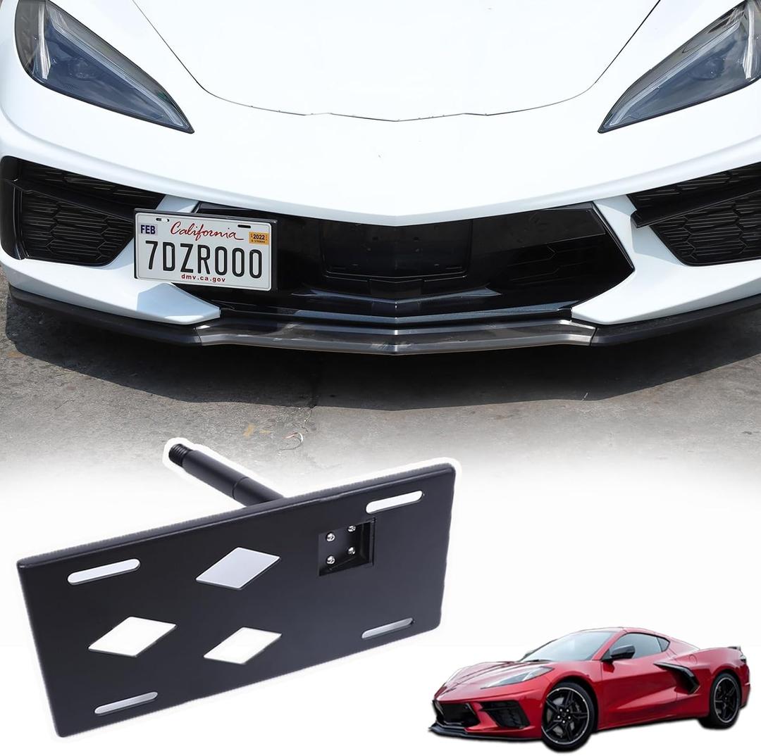 Car Front Bumper Tow Hook License Plate Holder Bracket for Chevrolet Corvette C8 2020-2025,No Drill Tow Front Bumper Tow Hole Hook License Plate Mount Adapter Relocation Kit Accessories