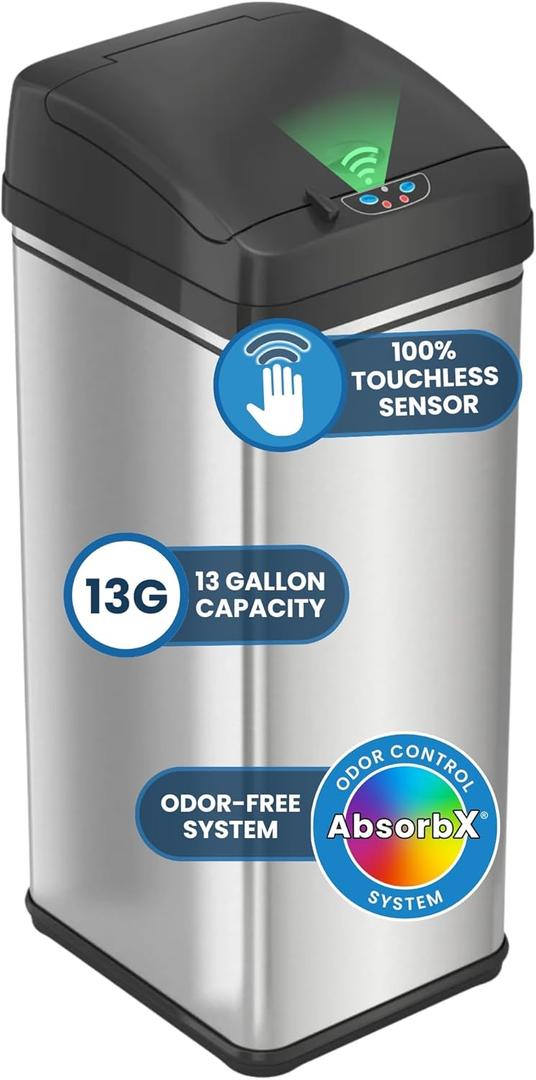 iTouchless 13 Gallon Patented Sensor Trash Can with Lid & Odor Filter, Original Inventor 50L Automatic Kitchen Garbage Bin, Fingerprint-Proof Stainless Steel, Pet-Proof Lock, Soft-Close, Silver