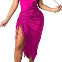 Women's Spaghetti Strap Satin Dress Sexy Backless Drawstring Ruched Split Hem Cocktail Evening Party, Size L