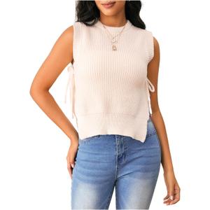 Verdusa Women's Crochet Knit Vest Crop Tank Top Sleeveless Split Tie Side Sweater Vests (X-Large, Beige)