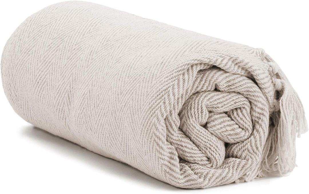 Americanflat 50x60 Throw Blanket - Soft and Breathable Cotton Throw Blanket for Couch, Bed, Chair - Decorative Blankets Perfect for Home, Office, or Outdoor Use - Cream Herringbone Design