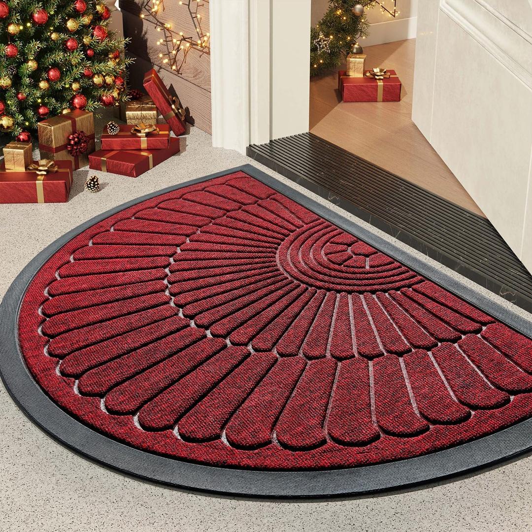 tchdio Door Mat Outdoor Indoor Entrance Doormat-Semicircular Durable Rubber Non Slip Front Door Mat for Outside Inside Entry Entryway Dirt Trapper WelcomeMat for Muddy Paws and Shoes-Red 24x36