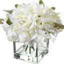 Fake Flowers with Vase Hydrangea Artificial Flowers in Vase Peony Faux Flowers in Vase Rose Silk Flowers Peonies Floral Arrangements Artificial with Vase for Home Bathroom Office Table Shelf Decor (White #04)