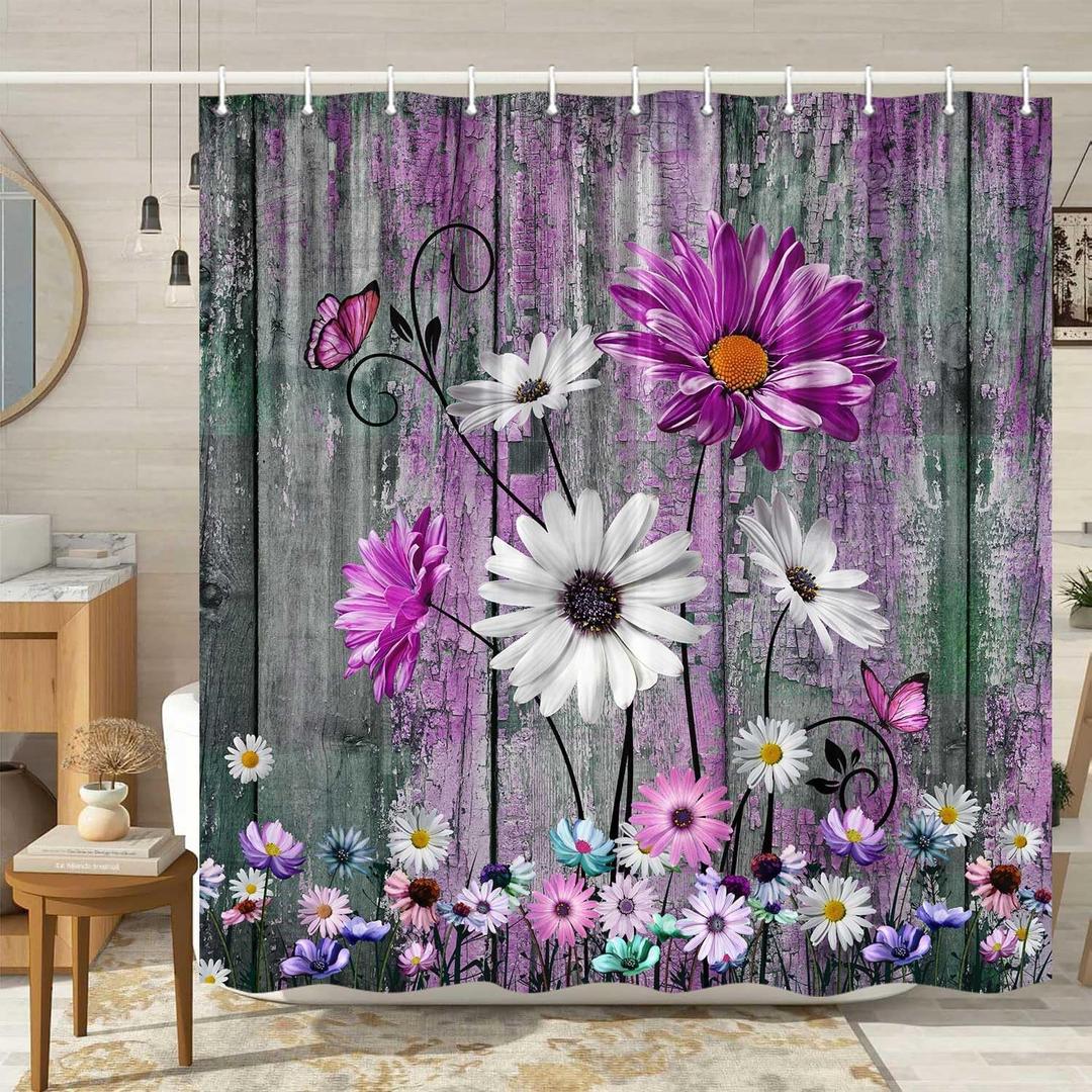 Rustic Farmhouse Floral Shower Curtain Rustic Farmhouse Daisy Shower Curtains Rustic Wooden Bath Curtain Set with 12PCS Hooks, 70X70 Inch, Pink