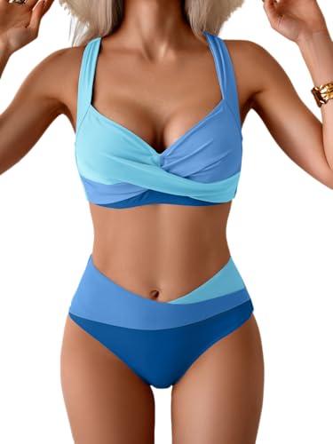 B2prity Bikini Sets for Women Two Piece Swimsuit Mid Rise Color Block Bathing Suit Tie Back Swimwear, S