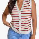 Women's Plus Size Old Money Vest Tops 2025 Striped Sleeveless Button Up Sweater Vests, 2XL