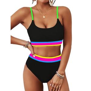 BMJL Women's High Waisted Bikini Ribbed Two Piece Swimsuit High Cut Color Block Adjustable Straps Bathing Suit(M,Rainbow Black Pink)