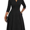 Nmoder Midi Dresses for Women A-Line Fit and Flare Casual Dress 3/4 Sleeve V Neck Cocktail Wedding Guest Work Dress with Pockets Black XL