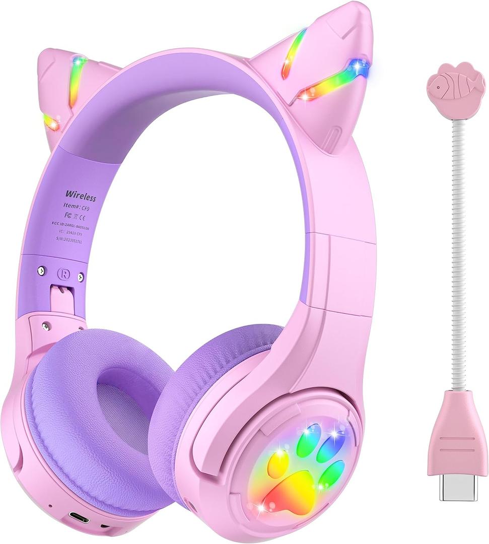 Riwbox CF9 Cat Ear Kids Bluetooth Headphones with LED Light Up,Safe 85dB Volume Limit,Built-in Mic&Boom Mic for Calls,Kids Wireless&Wired Headphones for Tablet/Airplane/School/Online Learning (Purple)