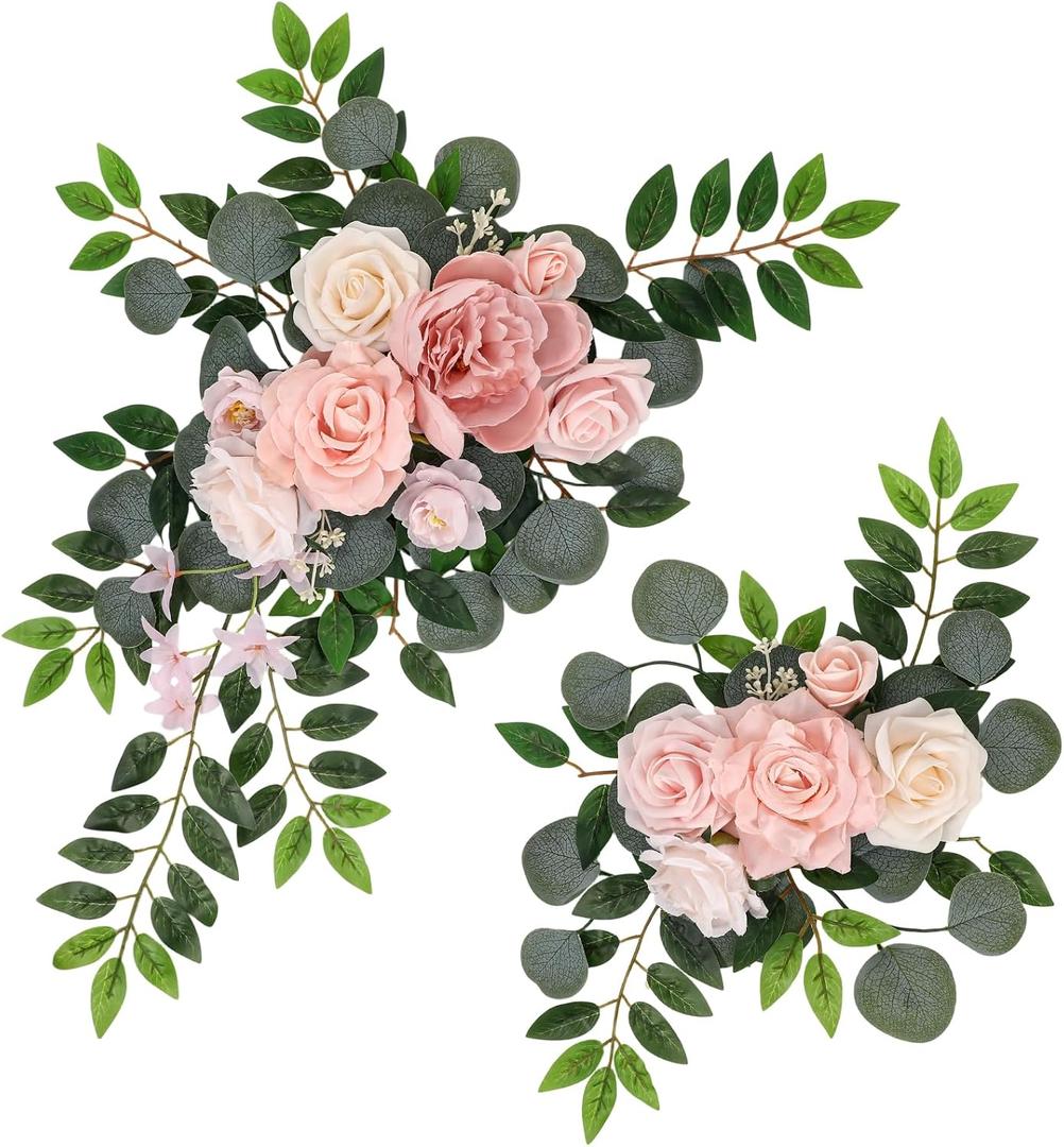 2 Pcs Wedding Arch Decorations, Wedding Arch Flowers Swag | Light Pink Silk Roses, Cream Ivory Blooms, Eucalyptus Greenery Swag, for Wedding Arches, Bridal Showers, and Baby Showers, 65*40cm and 45*30cm