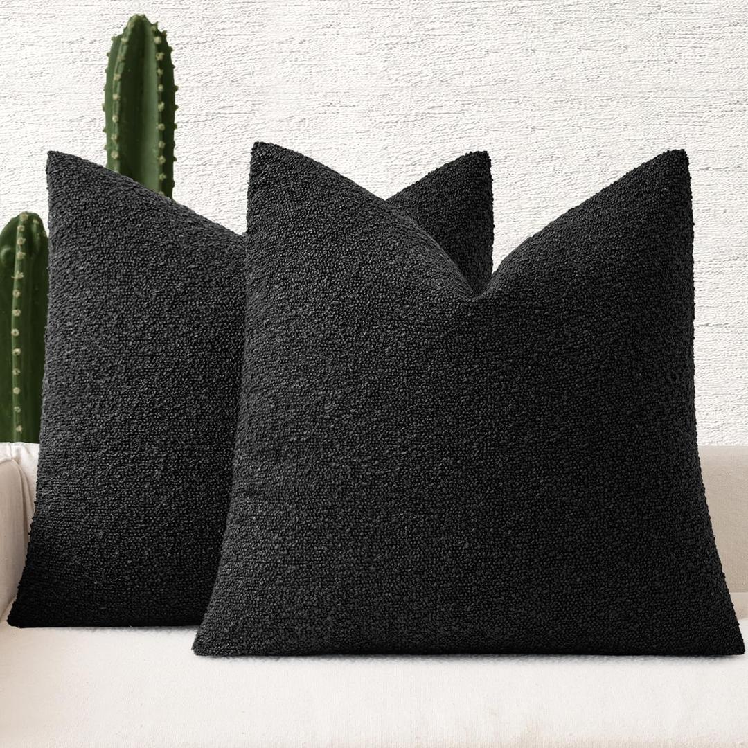 MIULEE 20x20 Inch Decorative Pillow Covers for Couch Bed Set of 2 Textured Boucle Neutral Throw Pillows Black Accent Solid Cushion Pillowcase Cozy Soft Sofa Livingroom Home Decor