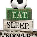 Yuntau 4 Pcs Soccer Wooden Tabletop Decor Soccer Tiered Tray Decor Rustic Wood Block Sign Gift Centerpiece Farmhouse Table Sign for Home Boys Room Office Shelf Birthday Party