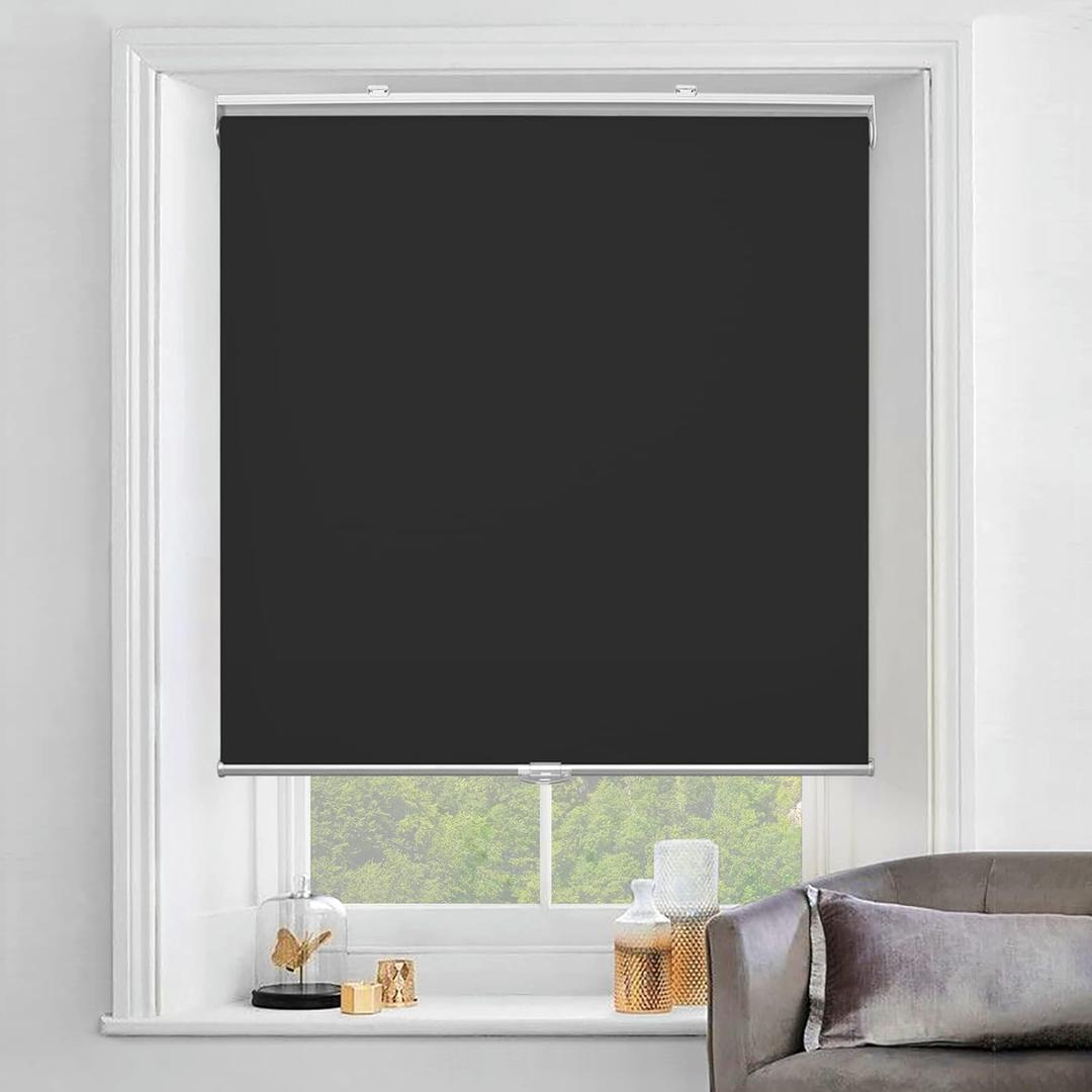 Cordless 100% Blackout Roller Window Shades, Wireless Window Blinds with Spring Systerm, Thermal Insulated, UV Protection Waterproof Fabric, Blinds for Home and Office (Black - 58" W x 72" H)