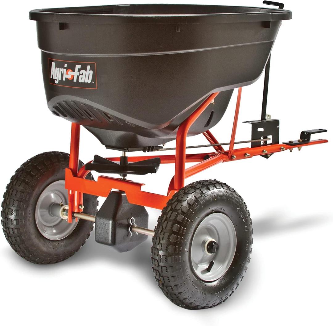 Agri-Fab 45-0463 130 lb. Tow-Behind Lawn & Garden Broadcast Spreader for Seed,Fertilizer,Salt,Ice Melt; Easy to use Flow Control from Seat of Riding Lawn Mower Agri-Fab 45-0463 130 lb. Tow-Behind Lawn & Garden Broadcast Spreader for Seed,Fertilizer,Salt,Ice Melt; Easy to use Flow Control from Seat of Riding Lawn Mower
