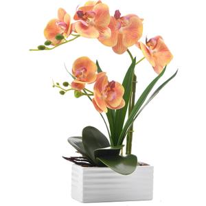 Artificial Real Touch Orchid Flowers in Pot Fake Phalaenopsis Flower with White Ceramic Vase Faux Orchids Arrangement for Home Table Office Wedding Party Decoration (Orange)