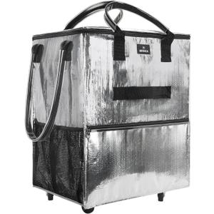 Large Reusable Grocery Bag On Wheels, 130L Foldable Tote, 5 Swivel Wheel Shopping Trolley with Multiple Pockets, Zippered Top, Folds Flat for Storage, for Shopping, Laundry, Camping, Moving, Silver