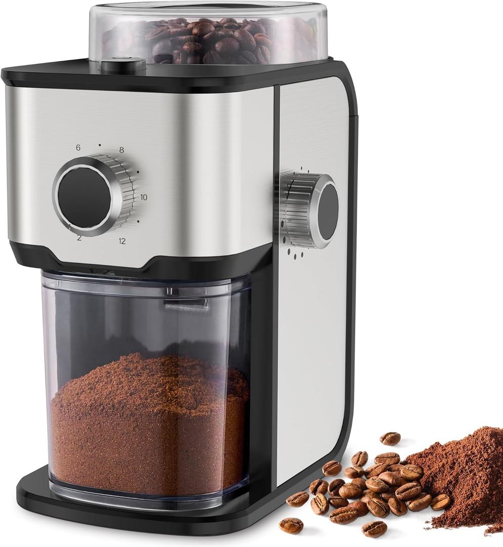 Burr Coffee Grinder Electric, Adjustable Flat Burr Coffee Grinder, Coffee Beans Grinder for Home Use, Compact with 14 Grind Sizes for Home & Office