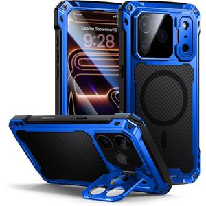 Lanhiem for iPhone 17 Pro Max Metal Case with Kickstand, Compatible with MagSafe, Built in Tempered Glass Screen Protector, Heavy Duty Shockproof Rugged Phone Cases, Full Body Tough Cover 6.9" (Blue)