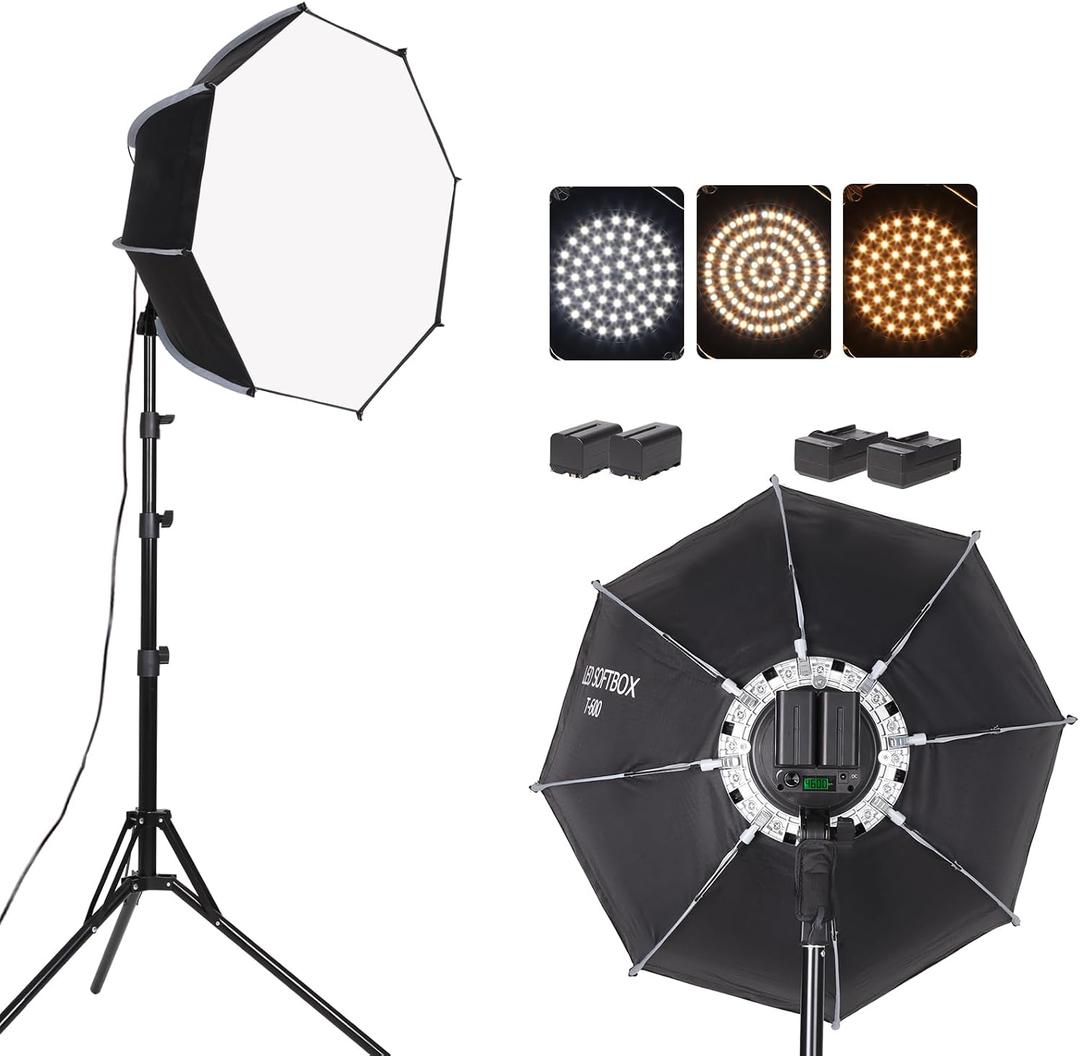Octagonal Softbox LED Photography Light Kit with Rechargeable Battery for Continuous Lighting for Studio or Outdoor Portrait Product Photography, YouTube Video Recording