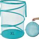 Seiritex Mesh Popup Laundry Hamper 115L Collapsible Laundry Basket No Lid Extra Large Capacity Foldable Clothing Storage Basket with Handles 26 H x 18 W x 18 L (Turquoise Blue)
