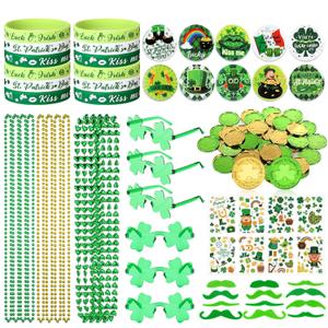 Cunno 354 Pcs St. Patricks Day Accessories Party Favors Set Includes Silicone Bracelets Shamrock Glasses Mustaches Stickers Green Gold Coins Necklaces Button Badges for Irish Parade Party Supplies