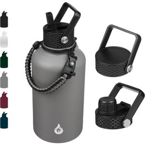 BJPKPK Half Gallon Insulated Water Bottles with Straw Lid, 64oz Large Water Jug, Stainless Steel Bottles with 3 Lids and Paracord Handle, Thermo for Hot & Cold Liquid, Gray