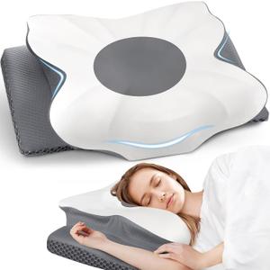 Cervical Neck Pillow - Neck Pain Relief, Queen Size | Low-profile memory foam contour bed pillow for neck & shoulder comfort. Cooling, washable cover. For side & back sleepers