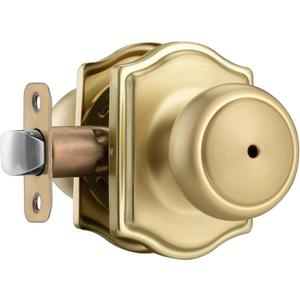 Satin Brass Door Knobs with Camelot Trim,Gold Interior Door Knob with Lock,Coastal Privacy Door knob for Bath and Bedroom (1)