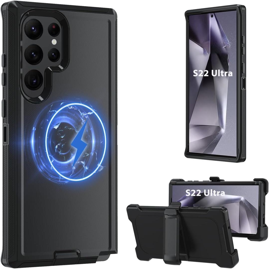 Magnetic Case for Galaxy S22 Ultra 5G case,Samsung S22 Ultra Heavy Duty case,[Military Grade Protective ],[Shockproof] [Dropproof] [Dust-Proof], (with Belt Clip,Black-MAG)