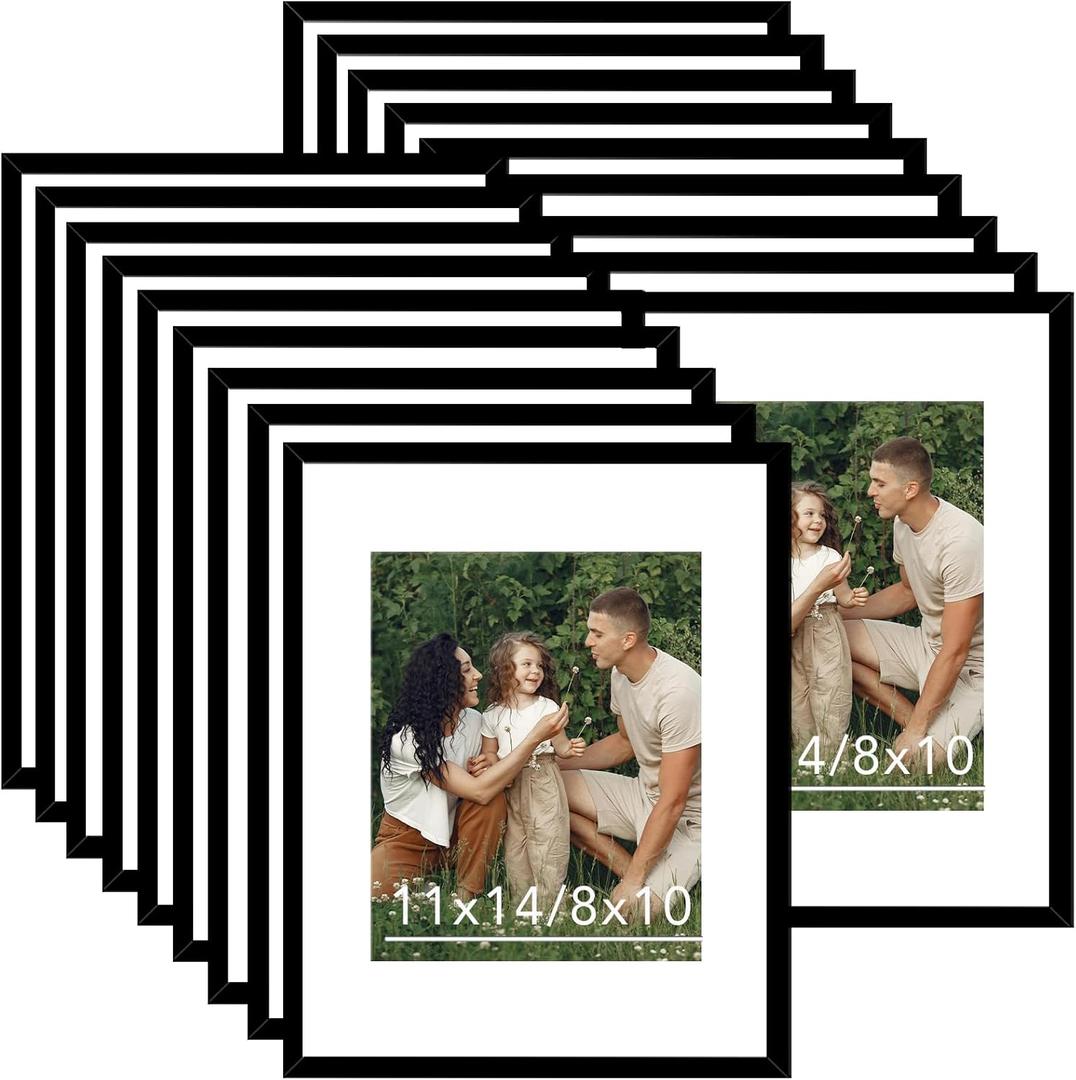 JCJMY 18 Packs 11x14 Picture Frames, Display 8x10 with Mat or 11x14 Without Mat, Black Gallery Wall Frame Set, 11 by 14 Frames Bulk Set of 18 Collage Wall Decor Photo Frames Set for Wall, Black
