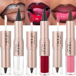 3 Pcs Lip Liner and Gloss Set 2 in 1 Lipstick with Dual-Ended and Smooth Buildable Lip Gloss for Women Lip Combo Makeup (3 Pcs Glossy #01#02#03)