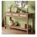 SUPERJARE Rattan Console Sofa Table with Outlets and USB-C Port, 3 Drawer Entryway Table with Synthetic Rattan Surface, Open Shelf, Behind Couch Entry Foyer Hallway Storage, Brown