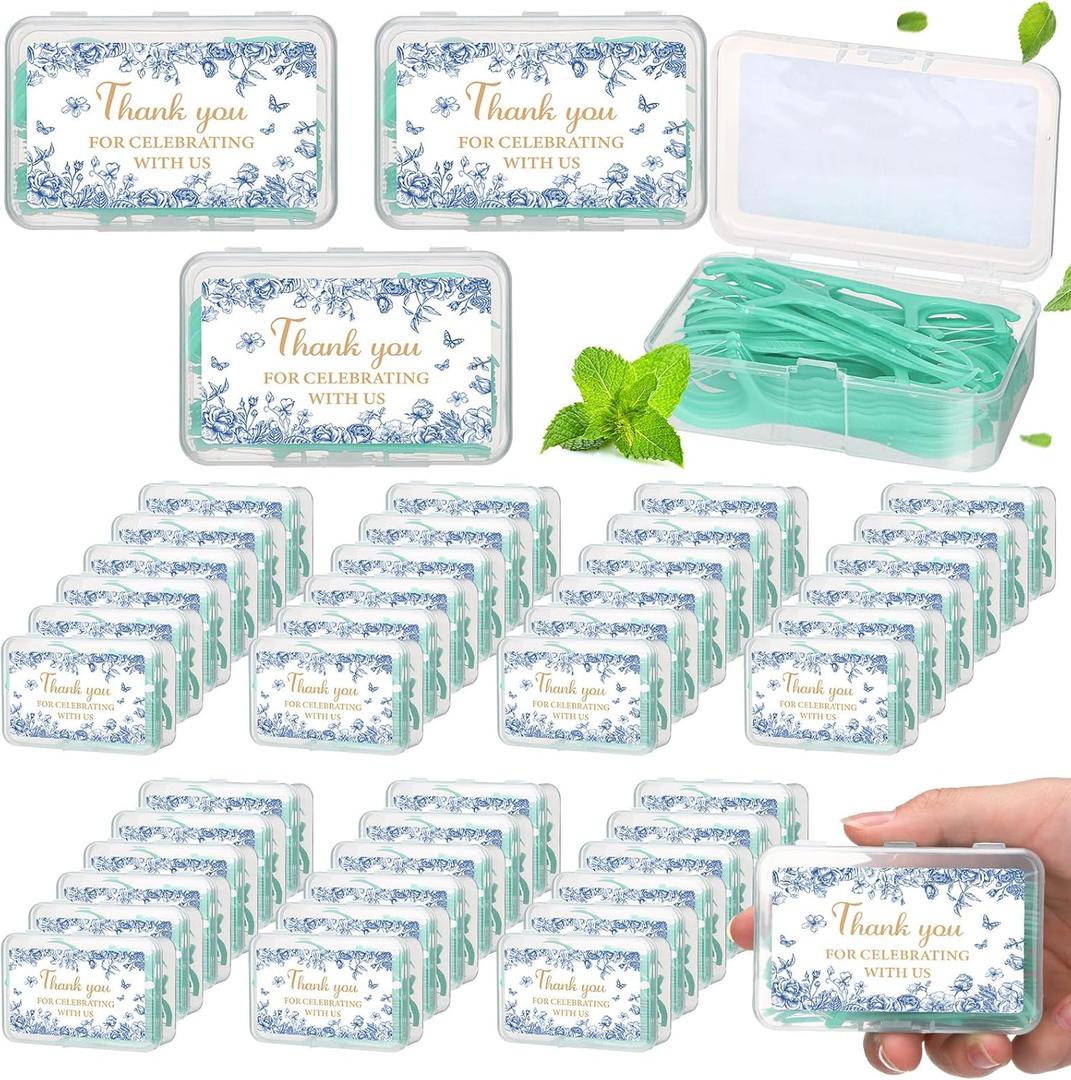 50 Pack Eucalyptus Wedding Favors Bulk Mint Floss Picks with Travel Handy Cases, Bridal Shower & Baby Shower Gifts for Guests, Sage Green Birthday Party Favors