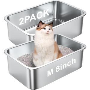 2 Pack 8" Deep Large Litter Box Stainless Steel Metal Cat Litter Box Easy to Clean,Non-Stick,Suitable for Indoor and Outdoor Pet Cats (2-Medium)