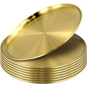 8PCS 201 Stainless Steel Gold Plates, 10 Inches Flat Metal Dishes, Round Serving Plates for Snacks, Desserts, one size