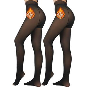 2 Pack Fleece Lined Tights Sheer Winter - Fake Translucent Tights Winter Thick Warm Pantyhose Sheer Women Leggings (Medium, Black+black)