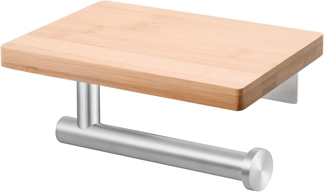 Tecmolog Stainless Steel Paper Roll Holder Wall Mount Toilet Tissue Holder with Wooden Storage Shelf, Brushed Nickel