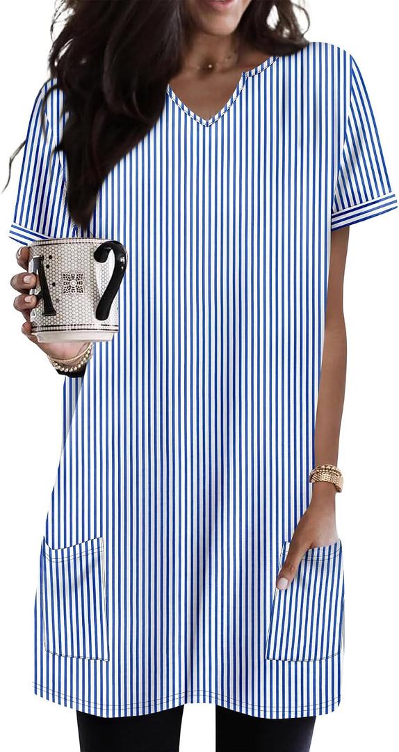 KISSMODA Woman Lightweight Dress with Hood Short Summer Pullovers with Pockets Long Tunics Top for Leggings Small, C-stripe-blue