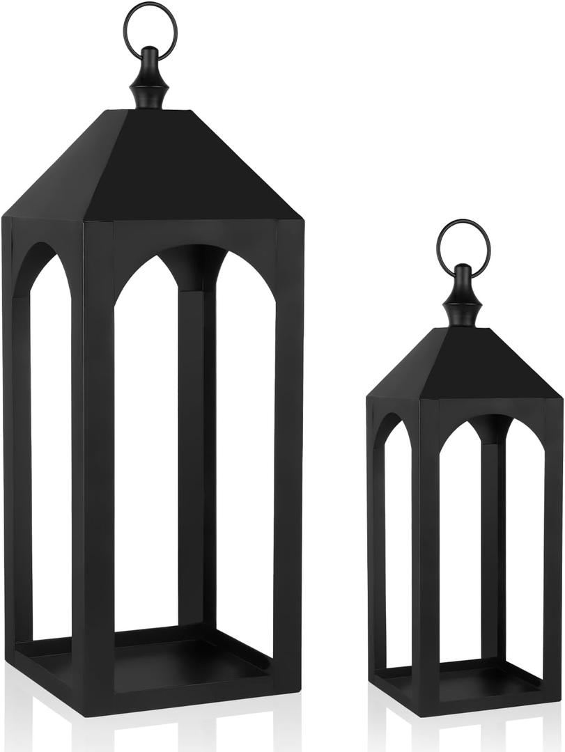 23" 17" Large Black Metal Candle Lanterns Decorative Indoor Modern Farmhouse Lantern Decor Set of 2 Outdoor Lanterns for Porch Patio Floor Mantle Fireplace Lantern for Christmas Halloween Home Decor