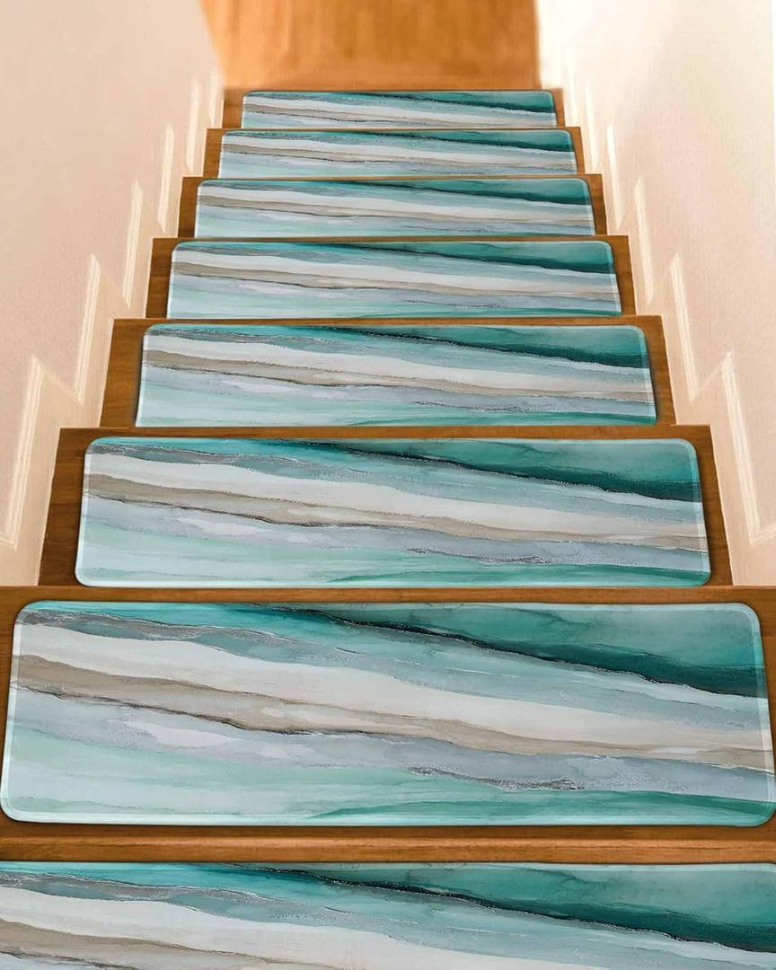 Stair Treads for Wooden Steps Indoor, Vintage Marble Texture Seamless Staircase Step Treads Non Slip Carpet Stair Runner for Kids Elders Dogs Pets, Gradient Teal Stripe Washable Stair Mat 10 Pack (Yellow Green)