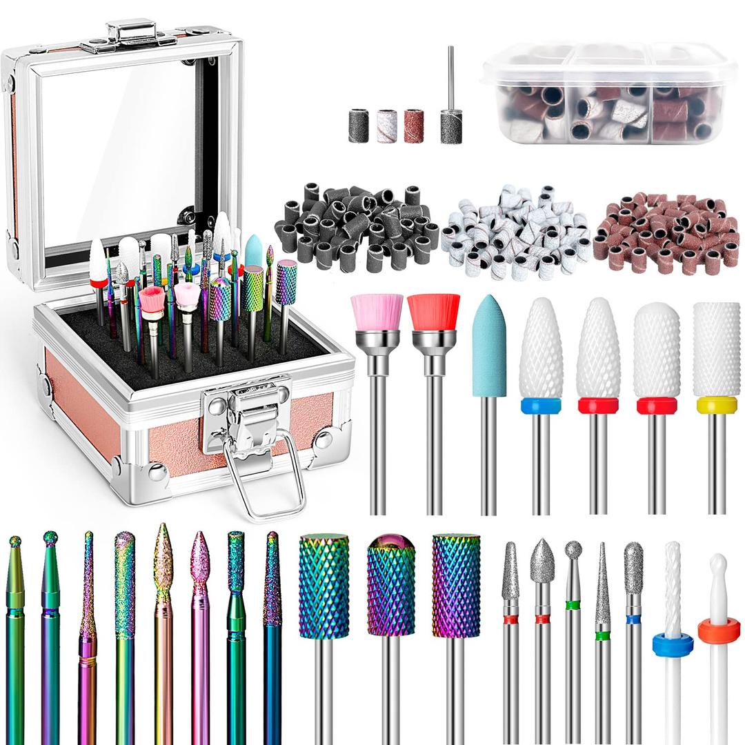 Onism 25Pcs Nail Drill Bits Set - 3/32 Inch Tungsten Carbide Ceramic Nail Bits Kit for Professional Manicure Pedicure Remover for Home Salon Acrylic Gel Nail Polish - With Nail Tool Box, Sanding Bands (Pink)