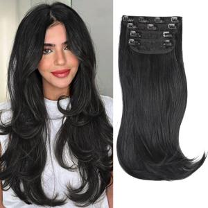 FREEMEIGE 20 Inch Black Hair Extensions Straight Layered Clip in Hair Extensions for Women Synthetic Heat Resistant