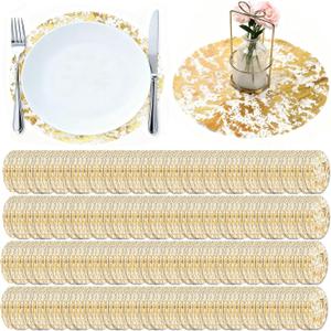 150PCS Gold Foil Placemats Disposable - 13 Inch Round Metallic Table Runner Set, Pressed Paper Doilies for Wedding Birthday Party Christmas Dining Decor (Golden Chargers Style)