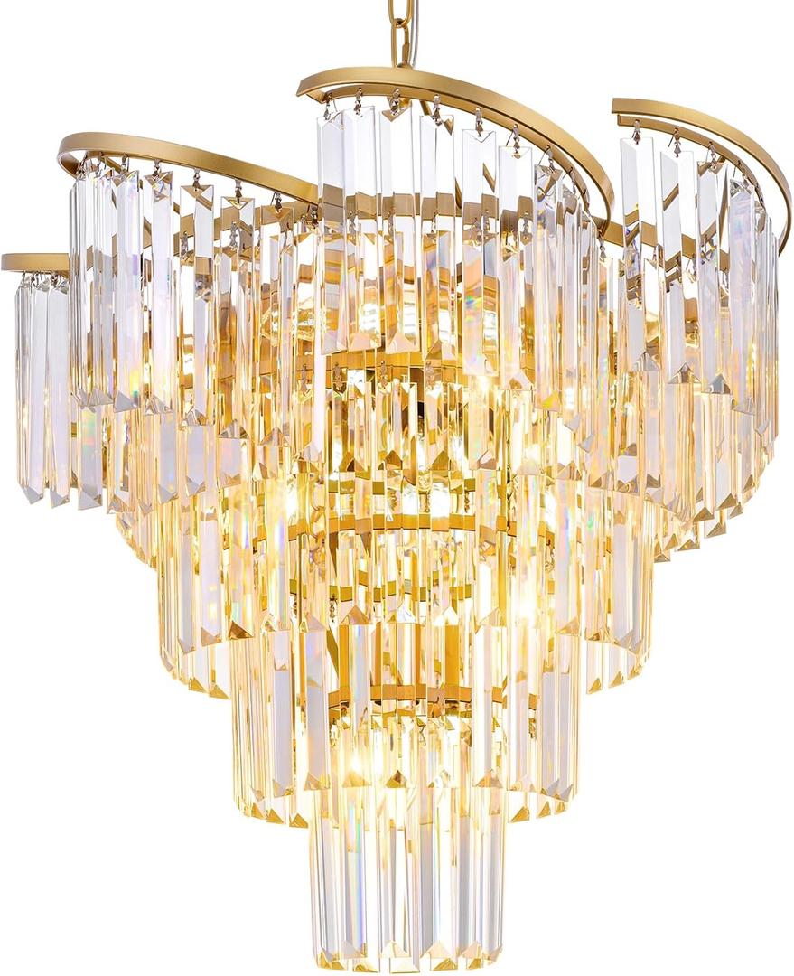 TOCHIC Gold Chandelier 5 Tier Modern Crystal Chandeliers 8 Light, Farmhouse Luxury High Ceiling Light Fixture for Dining Living Room, Bedroom, Bathroom, Kitchen Island, Entryway, 21.6" W