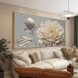 Large Wall Art Living Room Home Wall Decor Modern Canvas Art Wall Decor 29 X 58 Inches White Flower Wall Art Painting Print Elegant Silver White Flower Picture For Bedroom Office Artwork With Framed, 58"L x 29.5"W