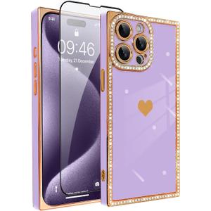 for iPhone 15 Pro Case Cute Love Heart Plating for Women, with Screen Protector, Glitter Sparkle Rhinestone Diamond Border Design Slim Rectangle Wireless Protection Case Cover, Purple